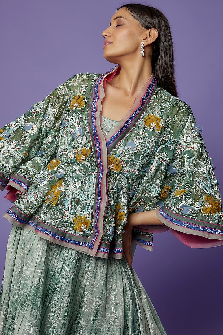 Green Chanderi & Organza Tie-Dye Printed Asymmetric Cocktail Dress With Jacket by Poonam Dubey Designs at Pernia's Pop Up Shop