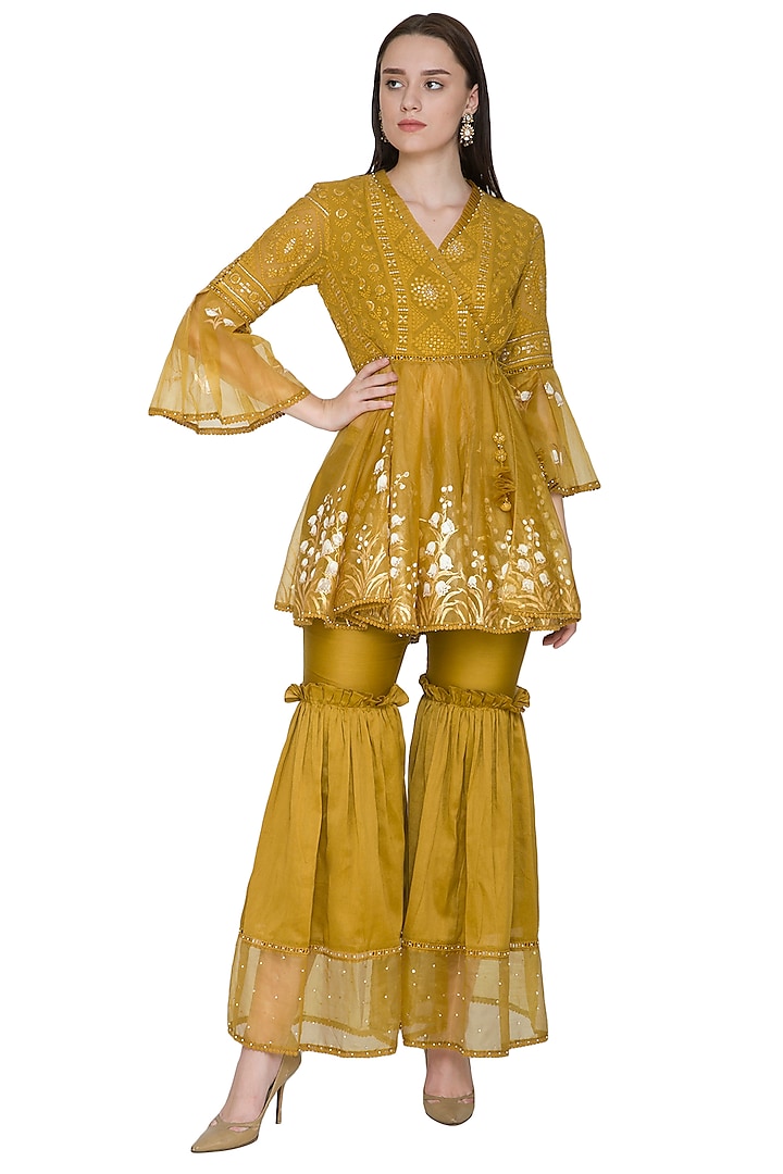 Mustard Yellow Embroidered & Hand Painted Kurta With Sharara Pants by Poonam Dubey Designs