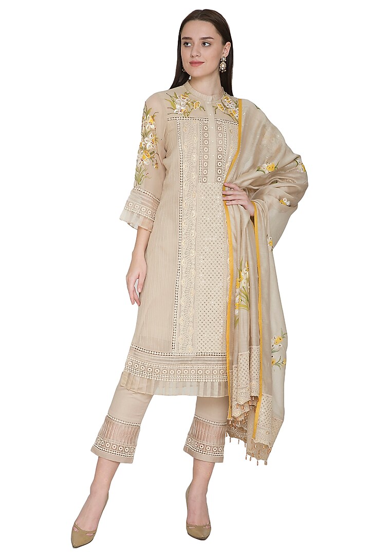 Beige Embroidered & Hand Painted Kurta Set by Poonam Dubey Designs