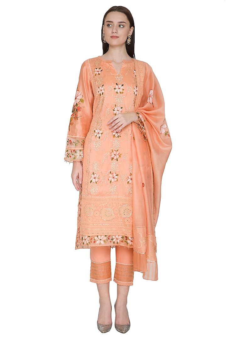 Peach Embroidered & Hand Painted Kurta Set by Poonam Dubey Designs