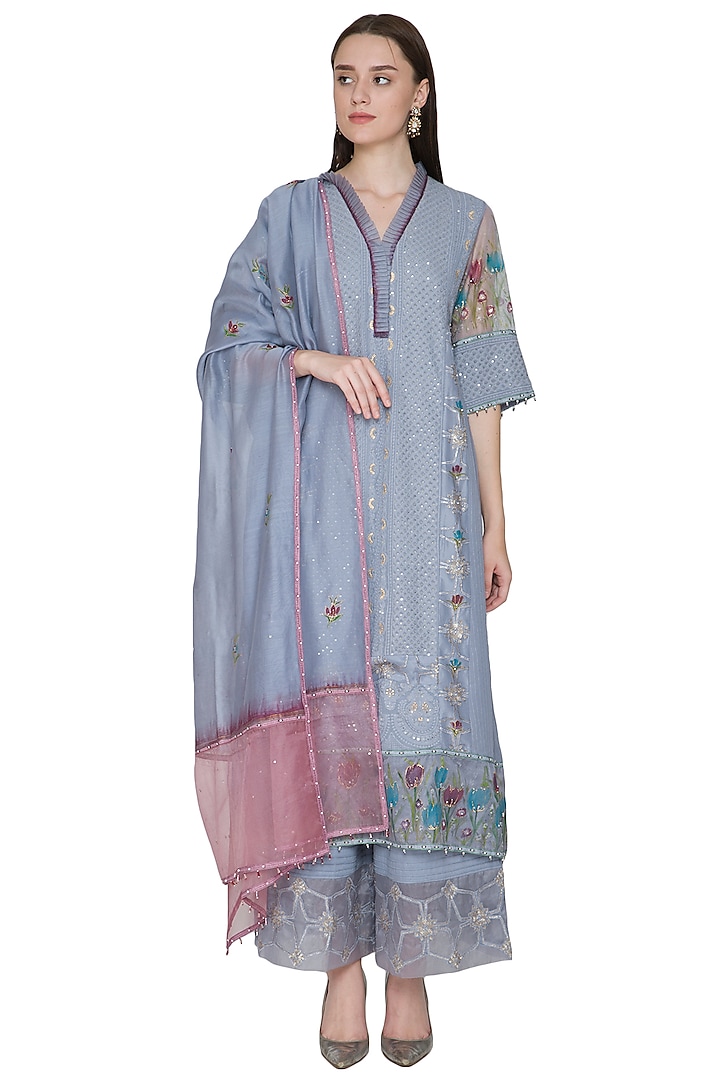 Cool Grey Embroidered & Hand Painted Kurta Set by Poonam Dubey Designs