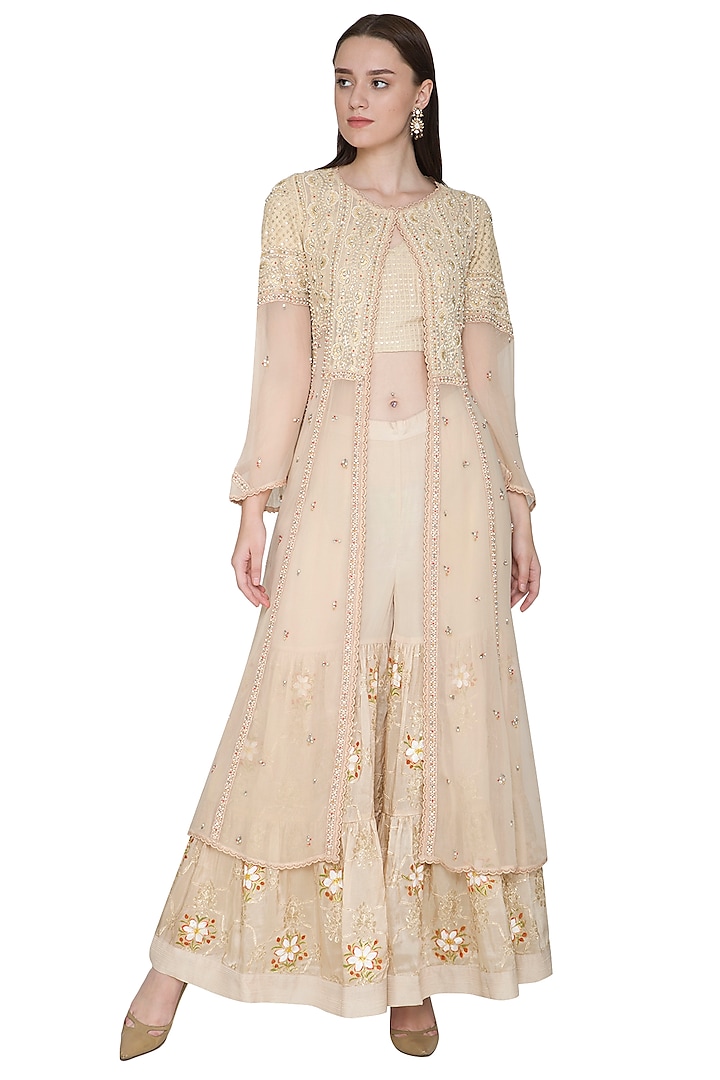 Beige Embroidered & Hand Painted Jacket Sharara Set by Poonam Dubey Designs