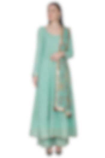 Mint Green Embroidered & Hand Painted Anarkali Set by Poonam Dubey Designs