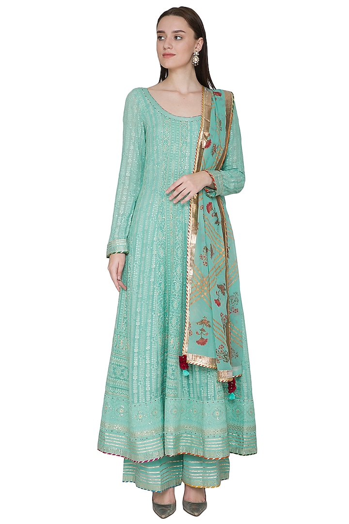 Mint Green Embroidered & Hand Painted Anarkali Set by Poonam Dubey Designs