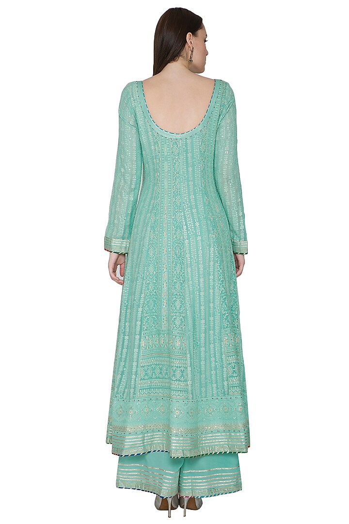 Mint Green Embroidered & Hand Painted Wedding Anarkali Set by Poonam Dubey Designs at Pernia's Pop Up Shop