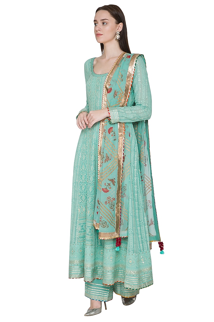 Mint Green Embroidered & Hand Painted Wedding Anarkali Set by Poonam Dubey Designs at Pernia's Pop Up Shop