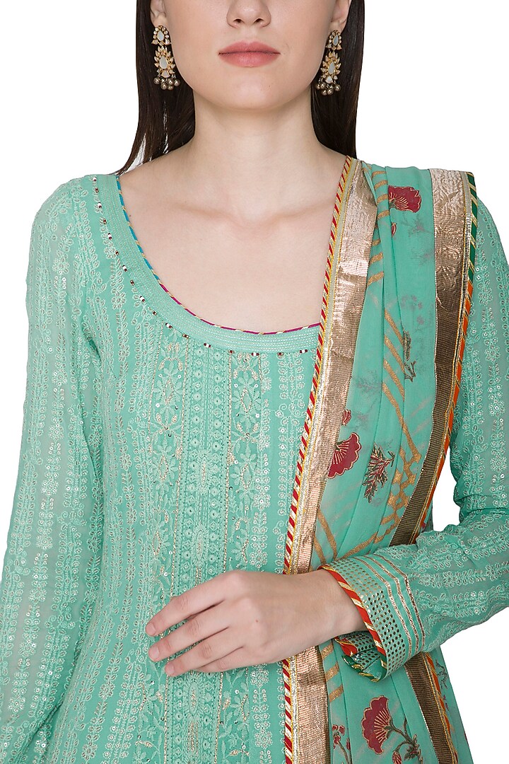 Mint Green Embroidered & Hand Painted Wedding Anarkali Set by Poonam Dubey Designs at Pernia's Pop Up Shop