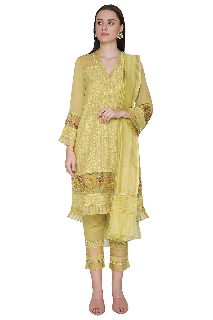 Lime Green Embroidered & Hand Painted Kurta Set by Poonam Dubey Designs
