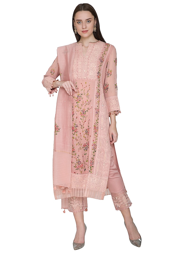 Blush Pink Embroidered & Hand Painted Kurta Set by Poonam Dubey Designs