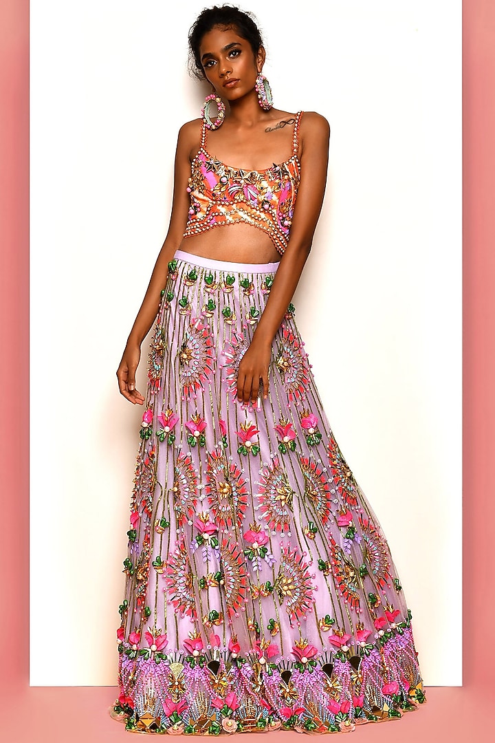 Lilac & Pink Embroidered Lehenga Set by Papa Don'T Preach By Shubhika