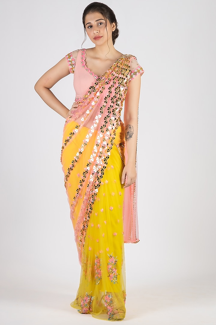 Yellow & Peach Embroidered Pre-Stitched Saree Set by Papa Don'T Preach By Shubhika