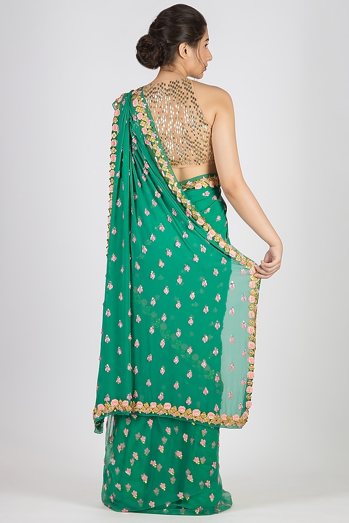 Forest Green Embellished Pre-Stitched Reception Saree Set by Papa Don'T Preach By Shubhika at Pernia's Pop Up Shop
