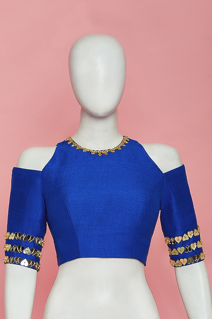 Electric Blue Embroidered Cold Shoulder Blouse by Papa Don'T Preach By Shubhika