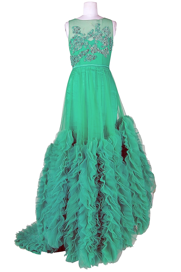 Green Embellished Ruffled Gown by Papa Don'T Preach By Shubhika