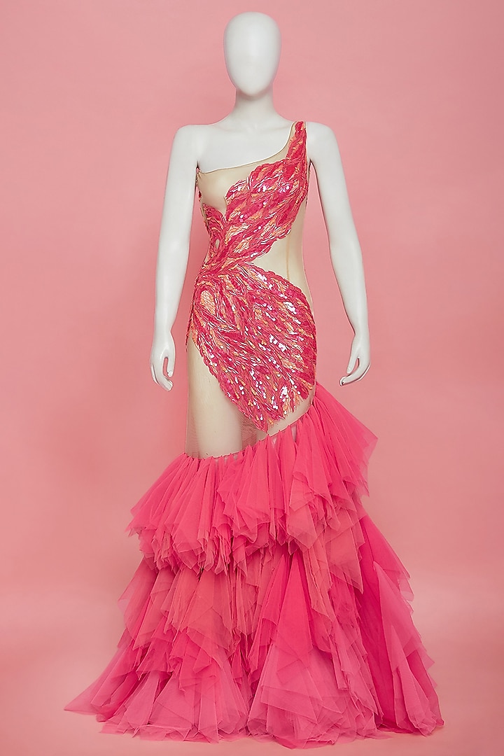 Hot Pink Embellished Mermaid Fit Gown by Papa Don'T Preach By Shubhika