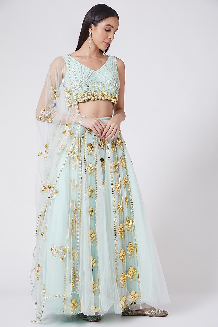 Mint Green Hand Embroidered Bridal Lehenga Set by Papa Don'T Preach By Shubhika at Pernia's Pop Up Shop