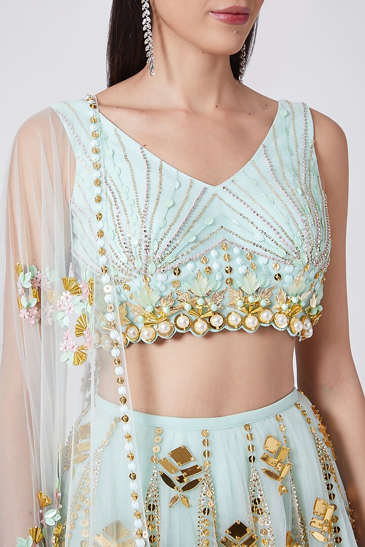 Mint Green Hand Embroidered Bridal Lehenga Set by Papa Don'T Preach By Shubhika at Pernia's Pop Up Shop