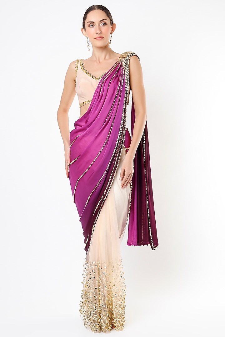 Purple Embroidered Pre-Stitched Saree Set Design by Papa Don't Preach ...