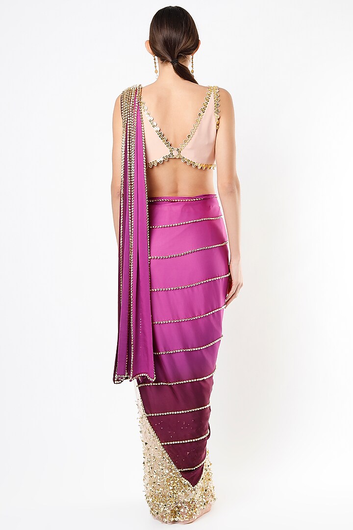 Purple Embroidered Pre-Stitched Reception Saree Set by Papa Don't Preach by Shubhika at Pernia's Pop Up Shop