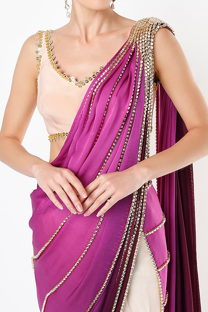 Purple Embroidered Pre-Stitched Reception Saree Set by Papa Don't Preach by Shubhika at Pernia's Pop Up Shop