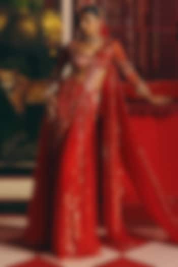 Red Tulle Embroidered Pre-Draped Bridal Saree Set by Papa Don't Preach by Shubhika at Pernia's Pop Up Shop