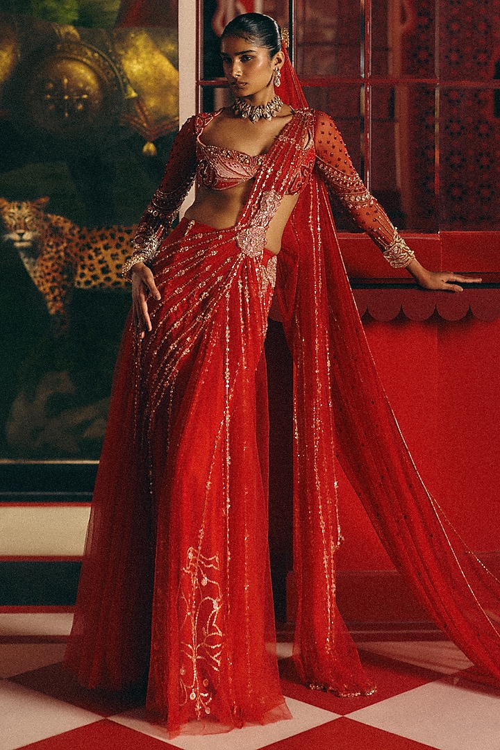 Red Tulle Embroidered Pre-Draped Bridal Saree Set by Papa Don't Preach by Shubhika at Pernia's Pop Up Shop