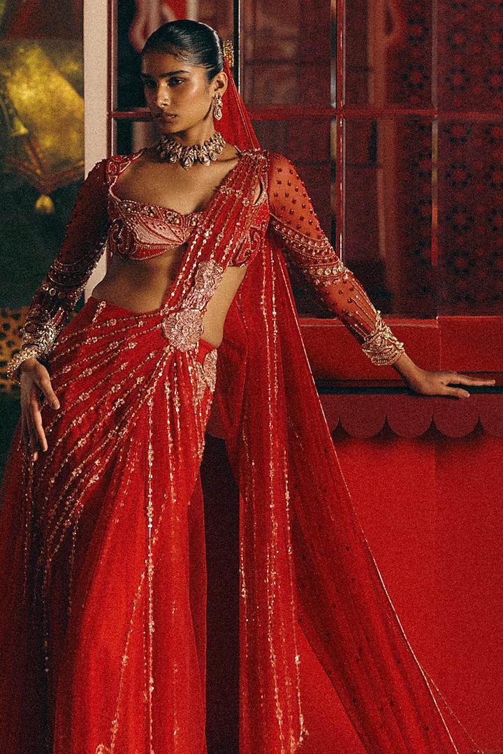 Red Tulle Embroidered Pre-Draped Bridal Saree Set by Papa Don't Preach by Shubhika at Pernia's Pop Up Shop