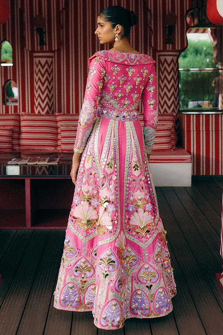Pink Raw Silk Mirror Embellished Jacket by Papa Don't Preach by Shubhika at Pernia's Pop Up Shop