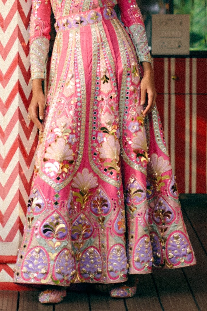 Pink Raw Silk Mirror Embellished Jacket by Papa Don't Preach by Shubhika at Pernia's Pop Up Shop