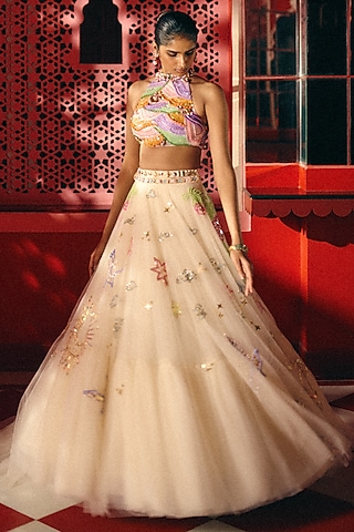 Ivory Tulle Embroidered Lehenga Set by Papa Don't Preach by Shubhika