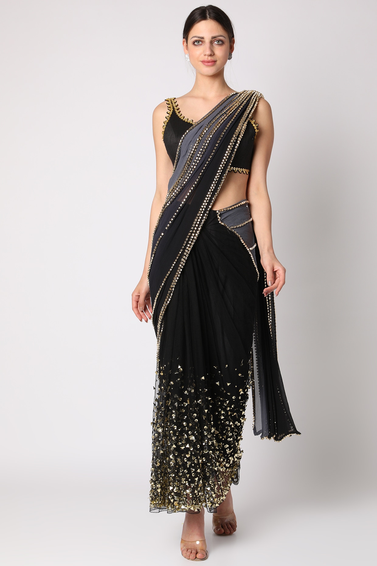 Lycra Party Wear Saree in Black and Grey with Embroidered work | Party wear  sarees, Elegant saree, Saree designs