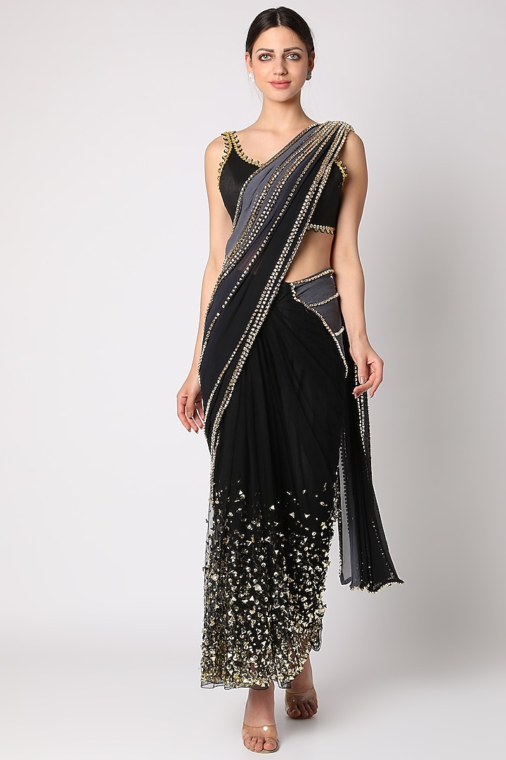 Black & Grey Embellished Pre-Stitched Saree Set by Papa Don'T Preach By Shubhika