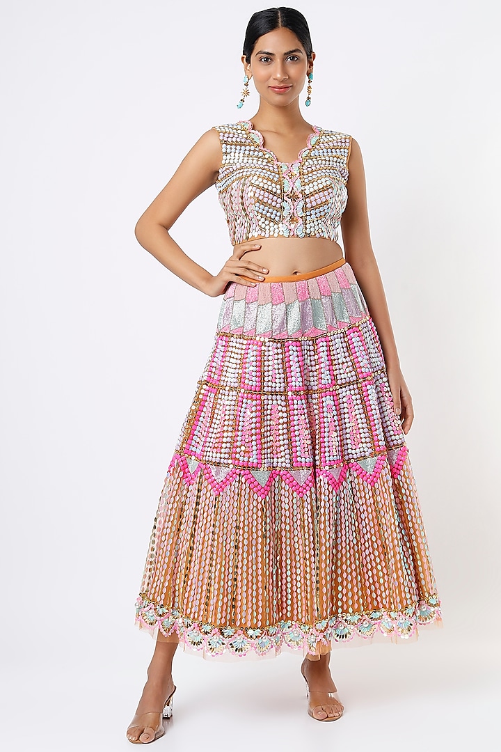 Nude Embellished Tulle Short Lehenga Set by Papa Don't Preach by Shubhika