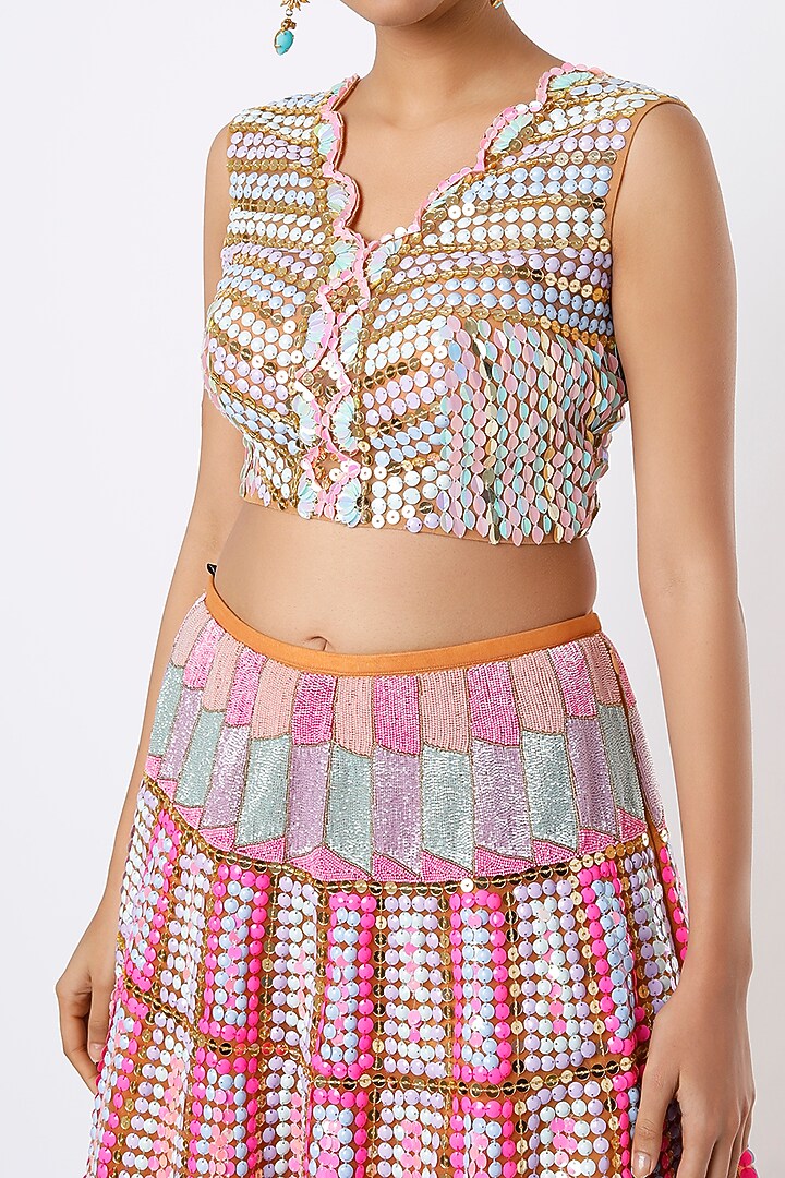 Nude Embellished Tulle Short Bridal Lehenga Set by Papa Don't Preach by Shubhika at Pernia's Pop Up Shop