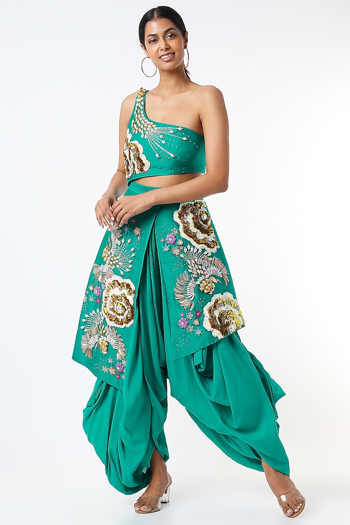 Turquoise Embroidered One-Shoulder Jumpsuit by Papa Don't Preach by Shubhika