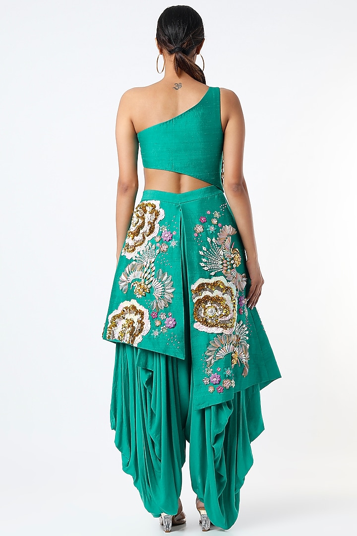 Turquoise Embroidered One-Shoulder Jumpsuit by Papa Don't Preach by Shubhika at Pernia's Pop Up Shop