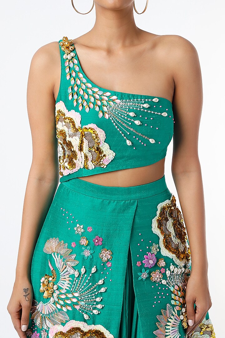 Turquoise Embroidered One-Shoulder Jumpsuit by Papa Don't Preach by Shubhika at Pernia's Pop Up Shop