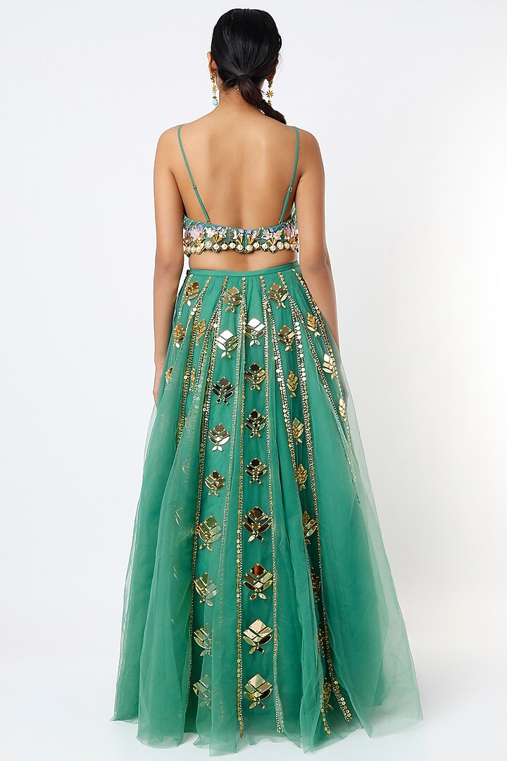 Green Tulle Embellished Bridal Lehenga Set by Papa Don't Preach by Shubhika at Pernia's Pop Up Shop