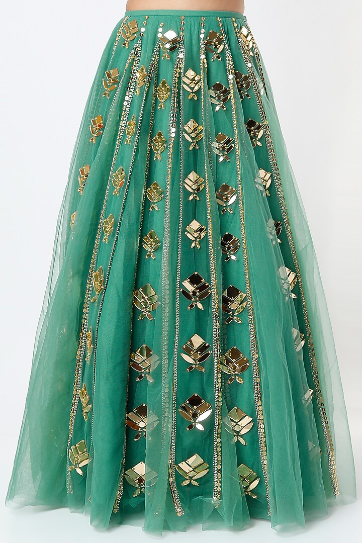 Green Tulle Embellished Bridal Lehenga Set by Papa Don't Preach by Shubhika at Pernia's Pop Up Shop