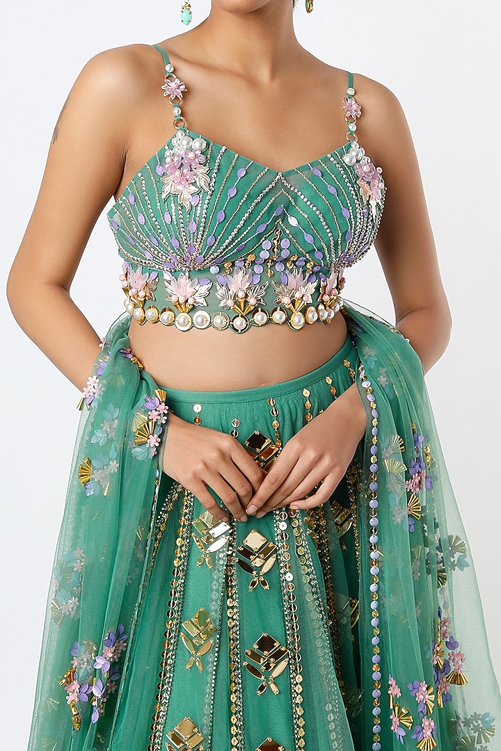 Green Tulle Embellished Bridal Lehenga Set by Papa Don't Preach by Shubhika at Pernia's Pop Up Shop