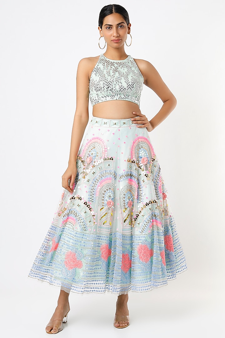 Powder Blue Embellished Short Bridal Lehenga Set by Papa Don't Preach by Shubhika at Pernia's Pop Up Shop
