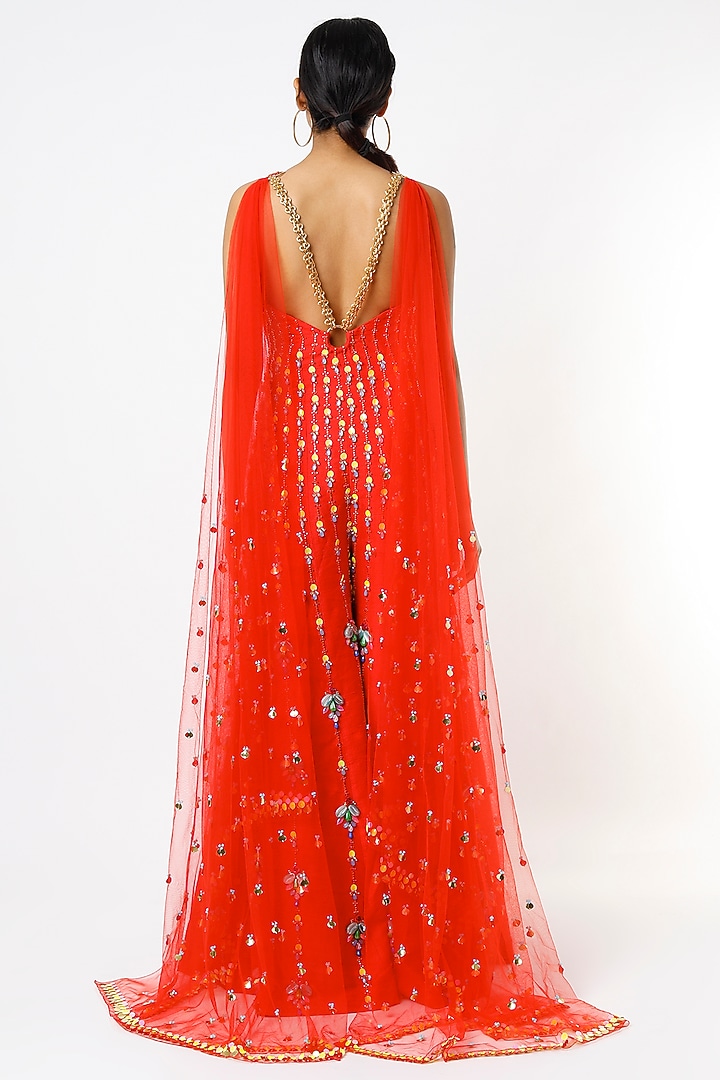 Red Tulle Embellished Jumpsuit With Cape by Papa Don't Preach by Shubhika at Pernia's Pop Up Shop