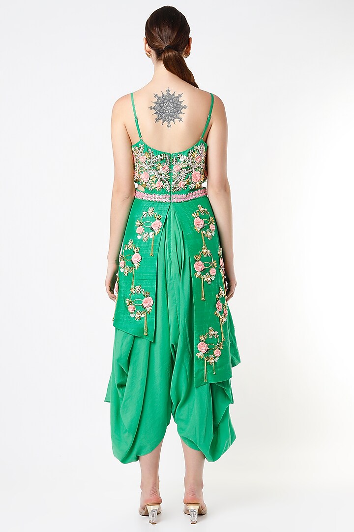 Green Raw Silk Embellished Dhoti Set by Papa Don't Preach by Shubhika at Pernia's Pop Up Shop