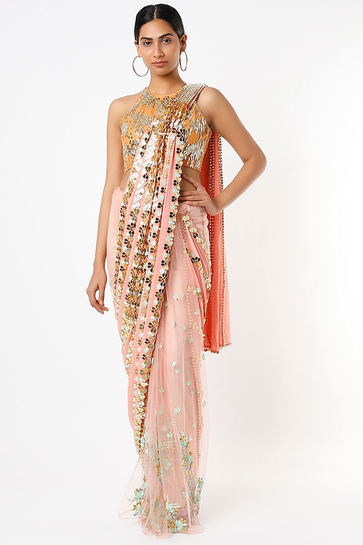 Peach Embroidered Pre-Stitched Saree Set by Papa Don't Preach by Shubhika