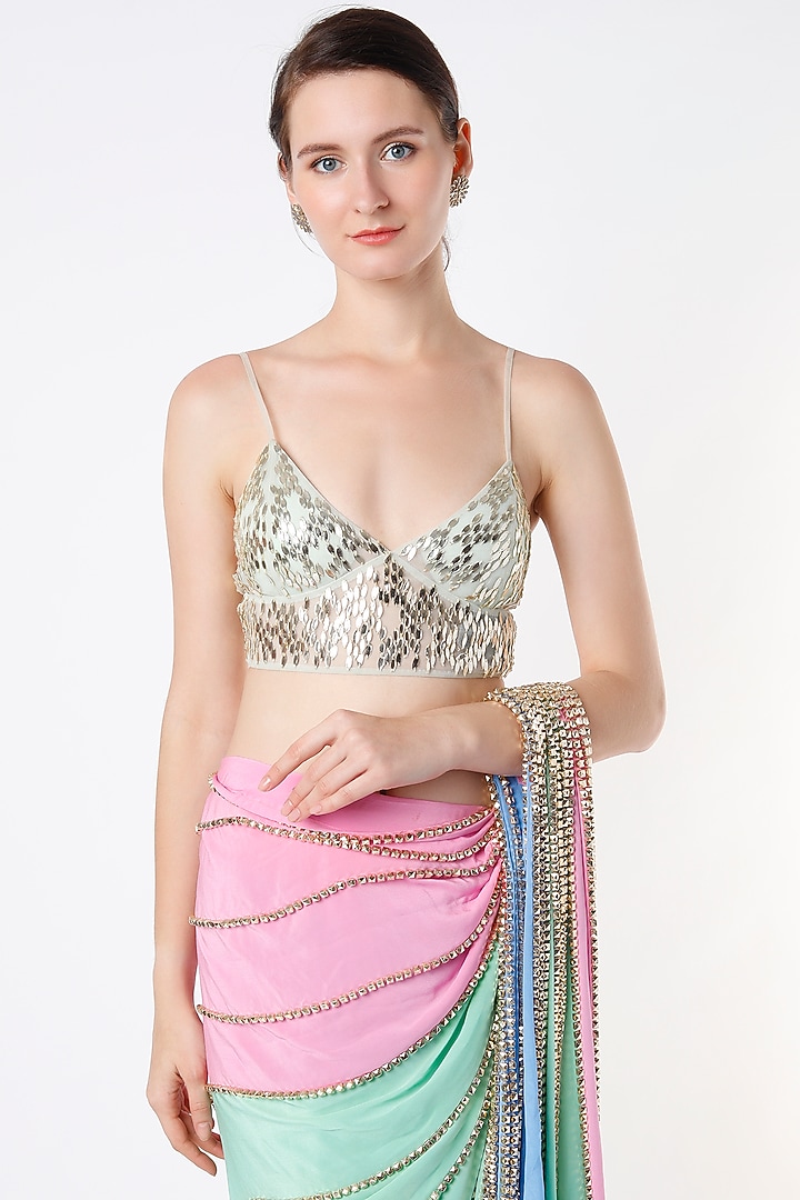 Powder Blue Embellished Pant Reception Saree Set by Papa Don't Preach by Shubhika at Pernia's Pop Up Shop