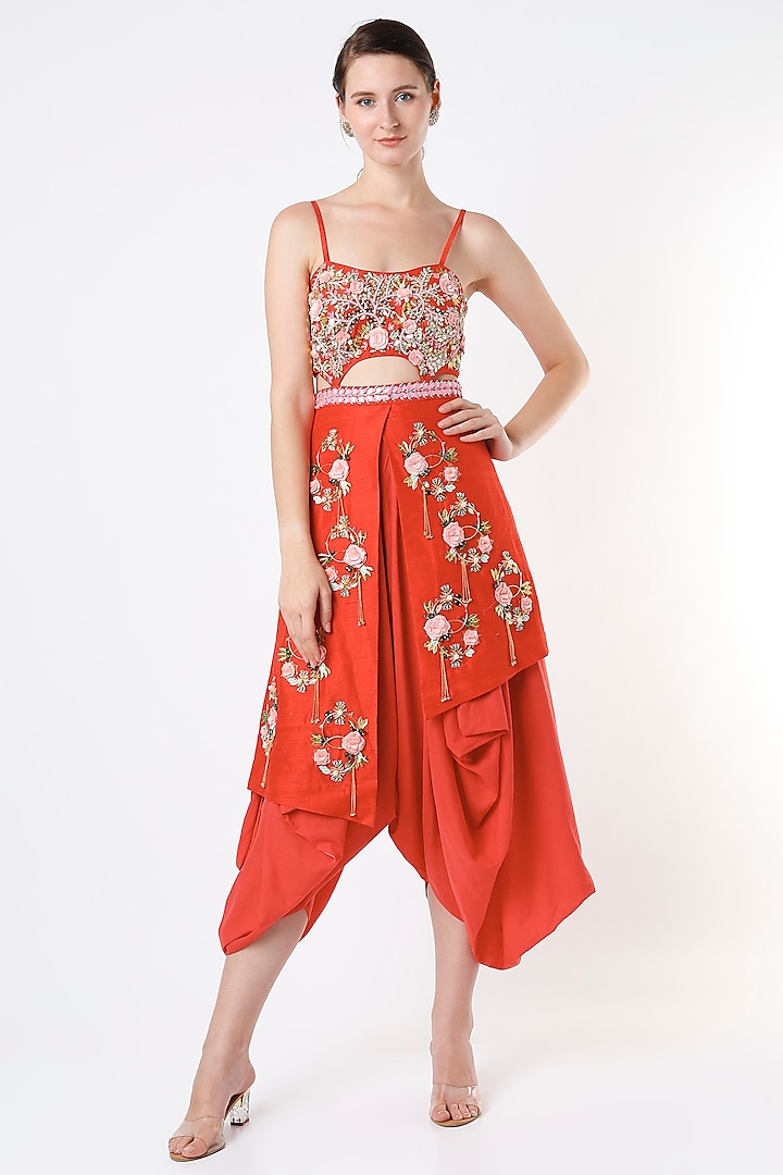 Red Raw Silk Embellished Jumpsuit by Papa Don't Preach by Shubhika