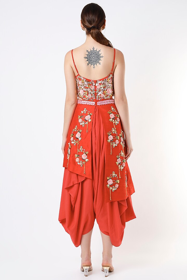 Red Raw Silk Embellished Jumpsuit by Papa Don't Preach by Shubhika at Pernia's Pop Up Shop