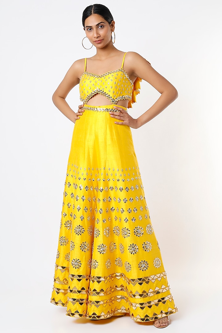 Golden Yellow Embroidered Jumpsuit by Papa Don't Preach by Shubhika