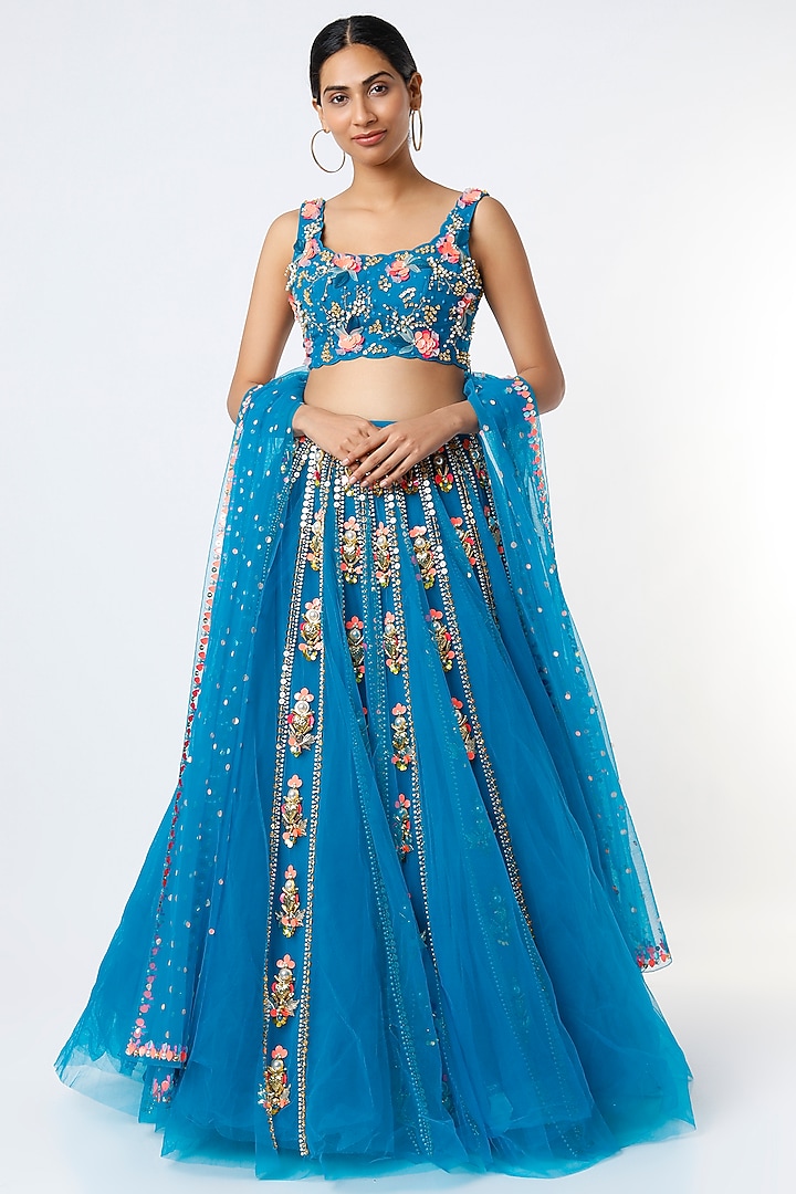Electric Blue Tulle Embellished Bridal Lehenga Set by Papa Don't Preach by Shubhika at Pernia's Pop Up Shop