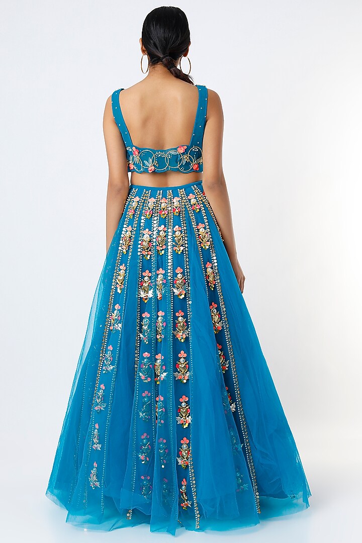 Electric Blue Tulle Embellished Bridal Lehenga Set by Papa Don't Preach by Shubhika at Pernia's Pop Up Shop
